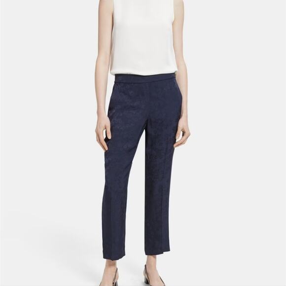 Theory Slim Pull On Dark Navy Blue Viscose Jacquard Floral Trouser Pant - Picture 1 of 8